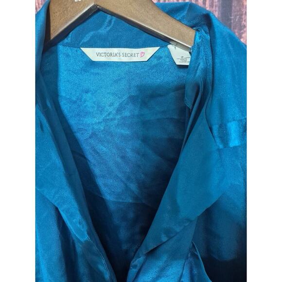 VICTORIA'S SECRET SILK PAJAMA Top Shirt Dress Size M Blue Emerald Pocket - Picture 8 of 8